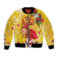 Unisex yellow Christmas bomber jacket, full-zip, ribbed cuffs, el Tio de Nadal cartoon front