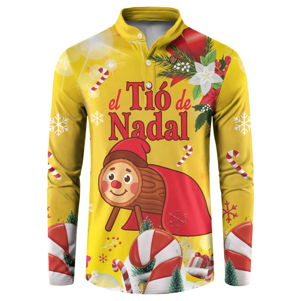 Yellow Christmas button polo sweatshirt with front cartoon log, poinsettia and candy canes