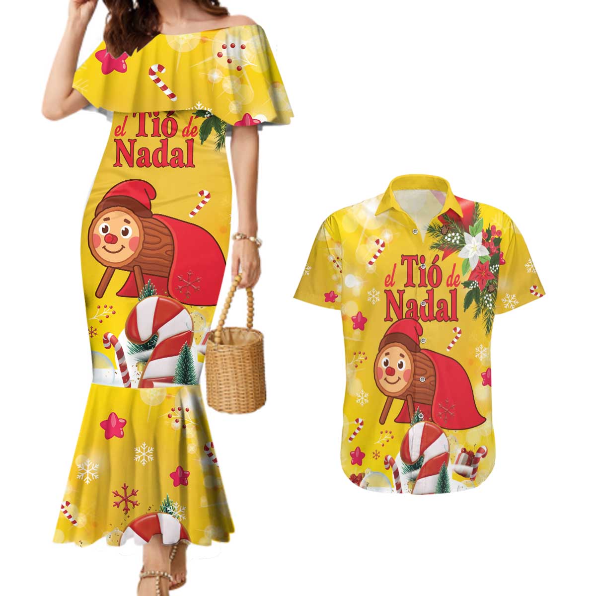 Spain Tio de Nadal Christmas Couples Matching Mermaid Dress and Hawaiian Shirt Traditional Christmas Log Yellow Version - Wonder Print Shop