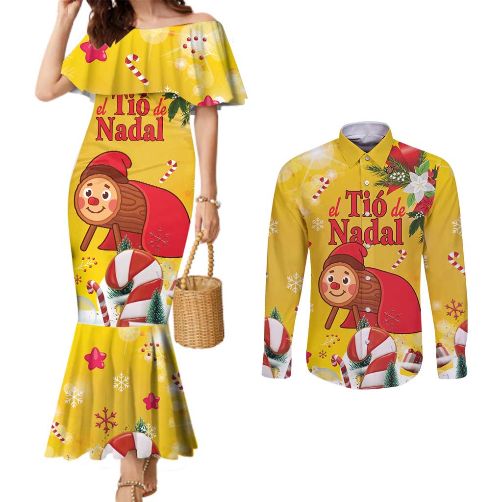 Spain Tió de Nadal Christmas Couples Matching Mermaid Dress and Long Sleeve Button Shirt Traditional Christmas Log Yellow Version