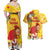 Spain Tio de Nadal Christmas Couples Matching Off Shoulder Maxi Dress and Hawaiian Shirt Traditional Christmas Log Yellow Version - Wonder Print Shop