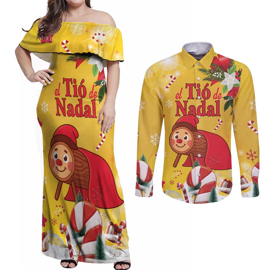 Spain Tio de Nadal Christmas Couples Matching Off Shoulder Maxi Dress and Long Sleeve Button Shirt Traditional Christmas Log Yellow Version - Wonder Print Shop