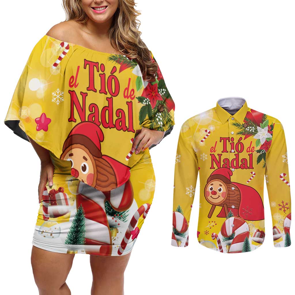 Spain Tio de Nadal Christmas Couples Matching Off Shoulder Short Dress and Long Sleeve Button Shirt Traditional Christmas Log Yellow Version - Wonder Print Shop