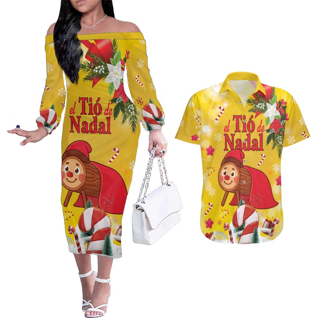 Spain Tio de Nadal Christmas Couples Matching Off The Shoulder Long Sleeve Dress and Hawaiian Shirt Traditional Christmas Log Yellow Version - Wonder Print Shop