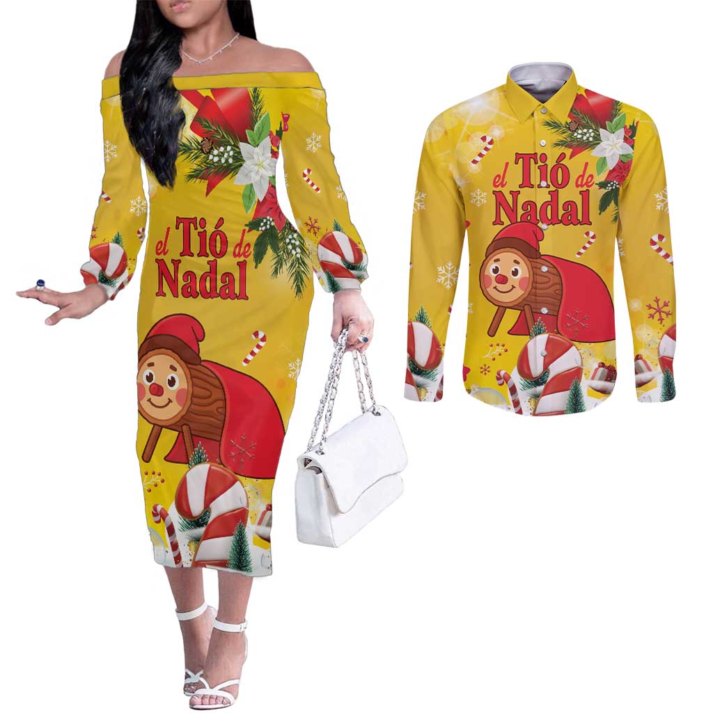 Spain Tió de Nadal Christmas Couples Matching Off The Shoulder Long Sleeve Dress and Long Sleeve Button Shirt Traditional Christmas Log Yellow Version