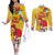 Spain Tió de Nadal Christmas Couples Matching Off The Shoulder Long Sleeve Dress and Long Sleeve Button Shirt Traditional Christmas Log Yellow Version