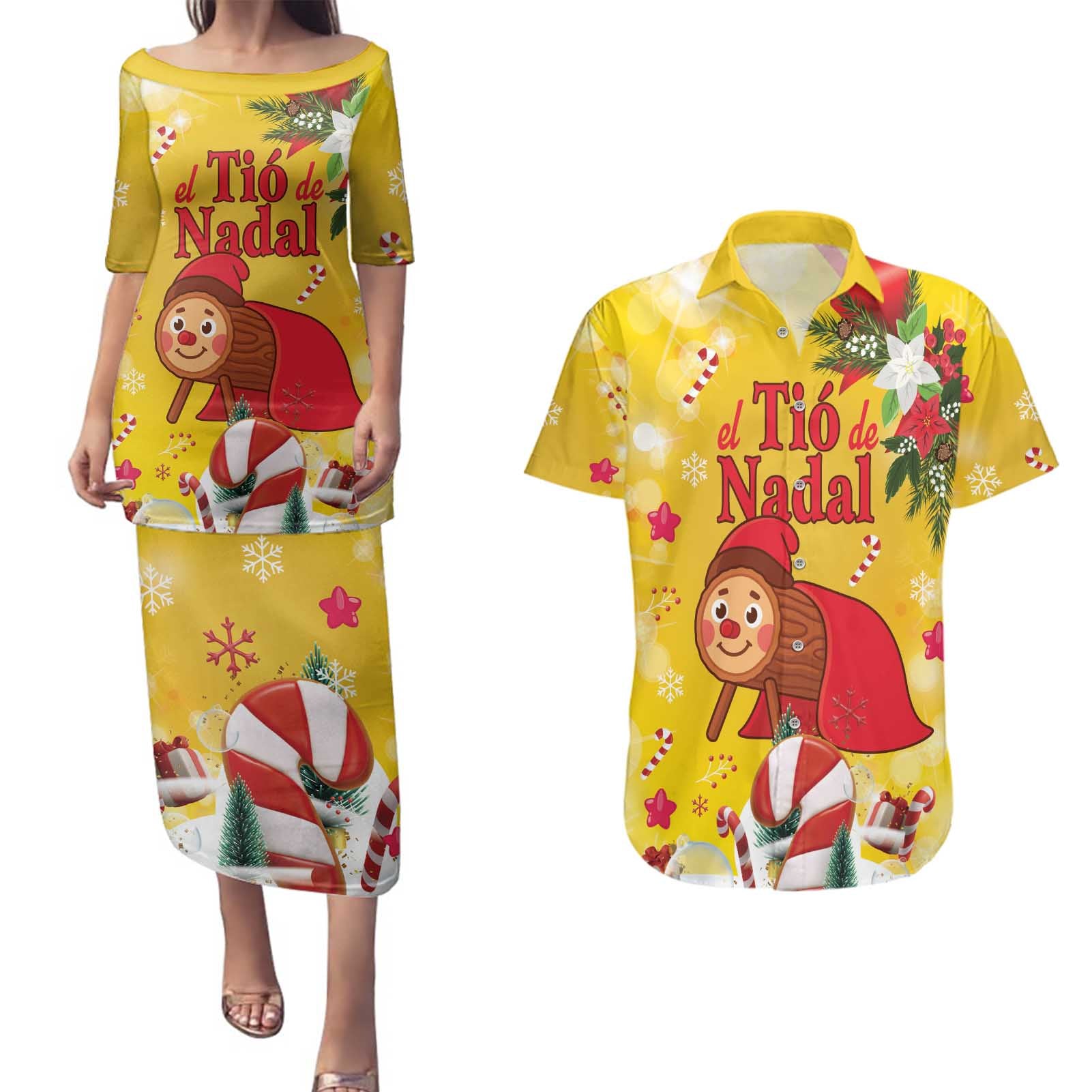 Spain Tio de Nadal Christmas Couples Matching Puletasi and Hawaiian Shirt Traditional Christmas Log Yellow Version - Wonder Print Shop