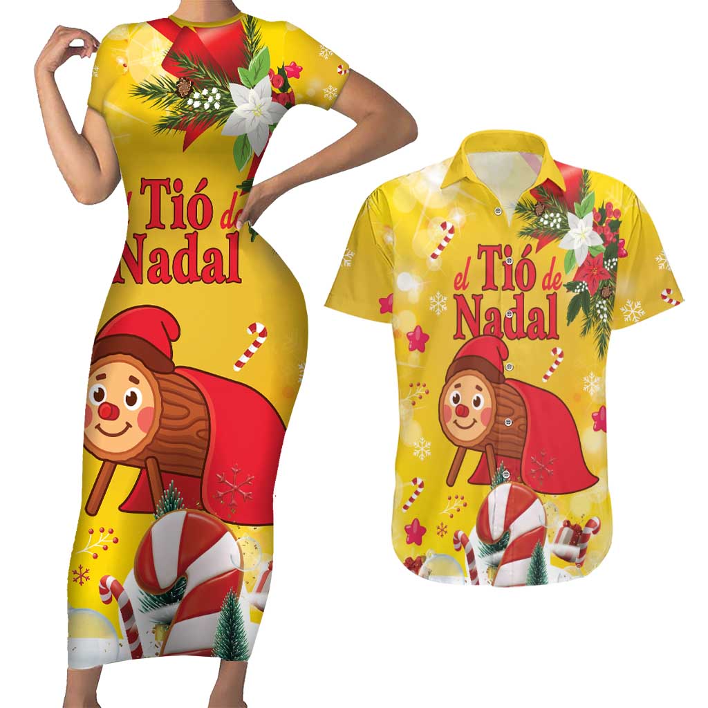 Spain Tio de Nadal Christmas Couples Matching Short Sleeve Bodycon Dress and Hawaiian Shirt Traditional Christmas Log Yellow Version - Wonder Print Shop