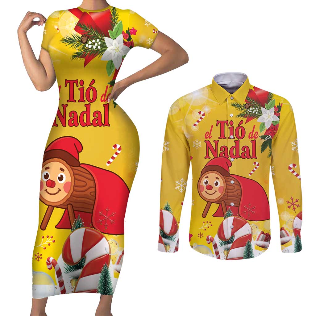 Spain Tio de Nadal Christmas Couples Matching Short Sleeve Bodycon Dress and Long Sleeve Button Shirt Traditional Christmas Log Yellow Version - Wonder Print Shop