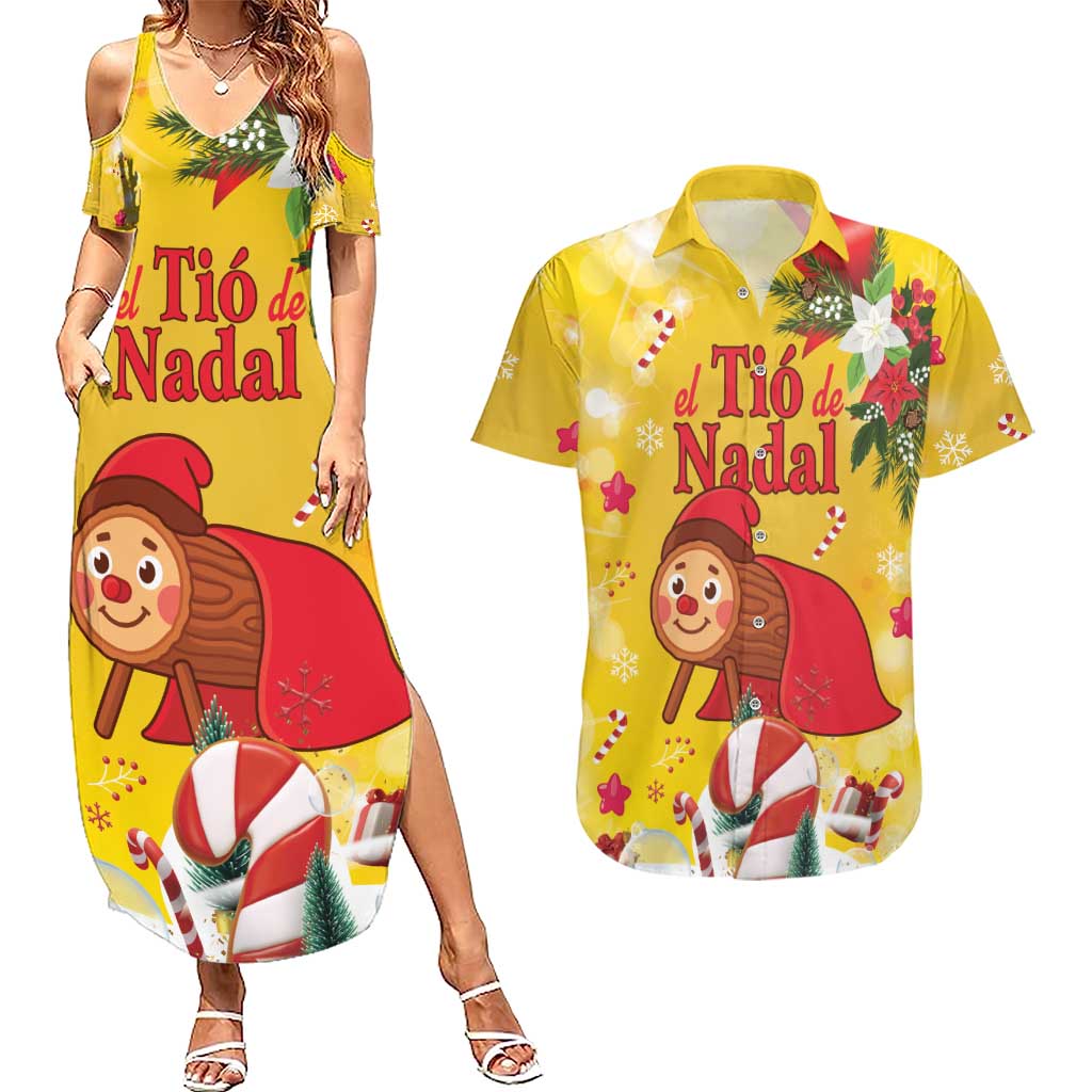 Spain Tio de Nadal Christmas Couples Matching Summer Maxi Dress and Hawaiian Shirt Traditional Christmas Log Yellow Version - Wonder Print Shop