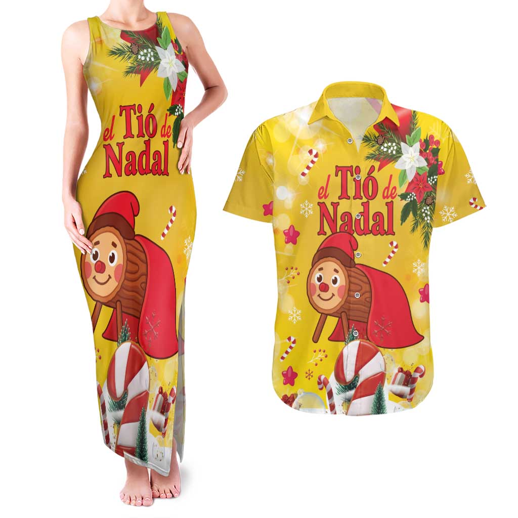 Spain Tio de Nadal Christmas Couples Matching Tank Maxi Dress and Hawaiian Shirt Traditional Christmas Log Yellow Version - Wonder Print Shop