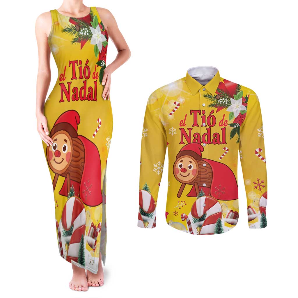 Spain Tio de Nadal Christmas Couples Matching Tank Maxi Dress and Long Sleeve Button Shirt Traditional Christmas Log Yellow Version - Wonder Print Shop