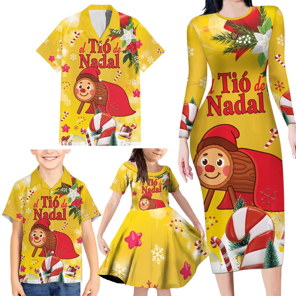 Spain Tio de Nadal Christmas Family Matching Long Sleeve Bodycon Dress and Hawaiian Shirt Traditional Christmas Log Yellow Version - Wonder Print Shop