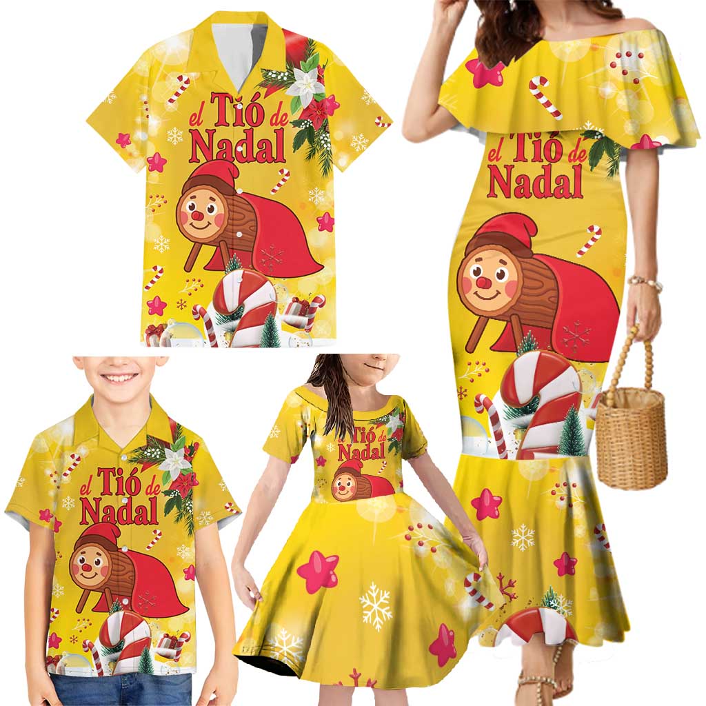 Spain Tio de Nadal Christmas Family Matching Mermaid Dress and Hawaiian Shirt Traditional Christmas Log Yellow Version - Wonder Print Shop