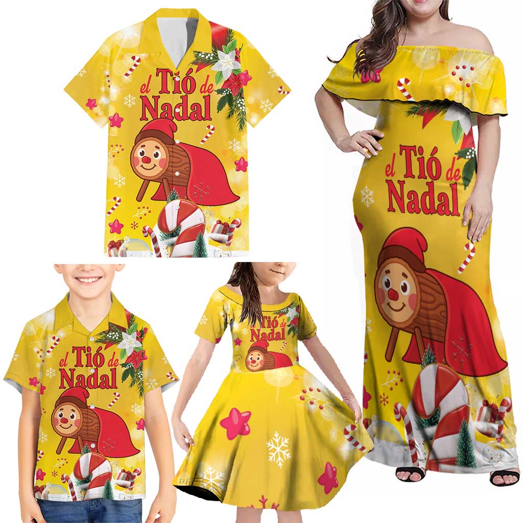 Spain Tio de Nadal Christmas Family Matching Off Shoulder Maxi Dress and Hawaiian Shirt Traditional Christmas Log Yellow Version - Wonder Print Shop