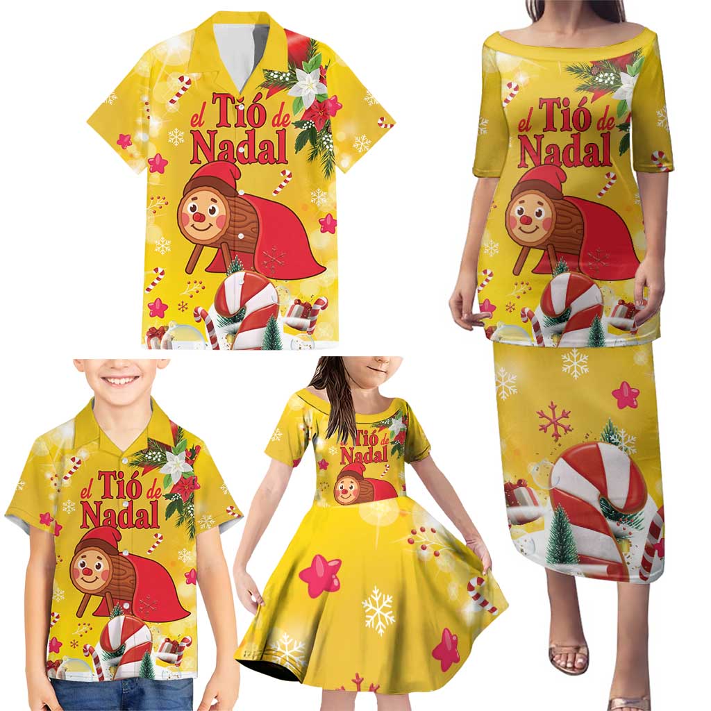 Spain Tio de Nadal Christmas Family Matching Puletasi and Hawaiian Shirt Traditional Christmas Log Yellow Version - Wonder Print Shop