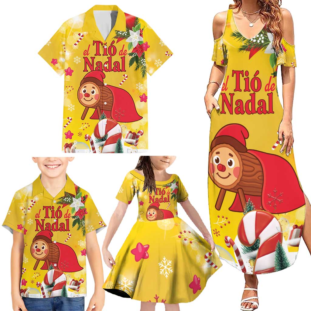 Spain Tio de Nadal Christmas Family Matching Summer Maxi Dress and Hawaiian Shirt Traditional Christmas Log Yellow Version - Wonder Print Shop