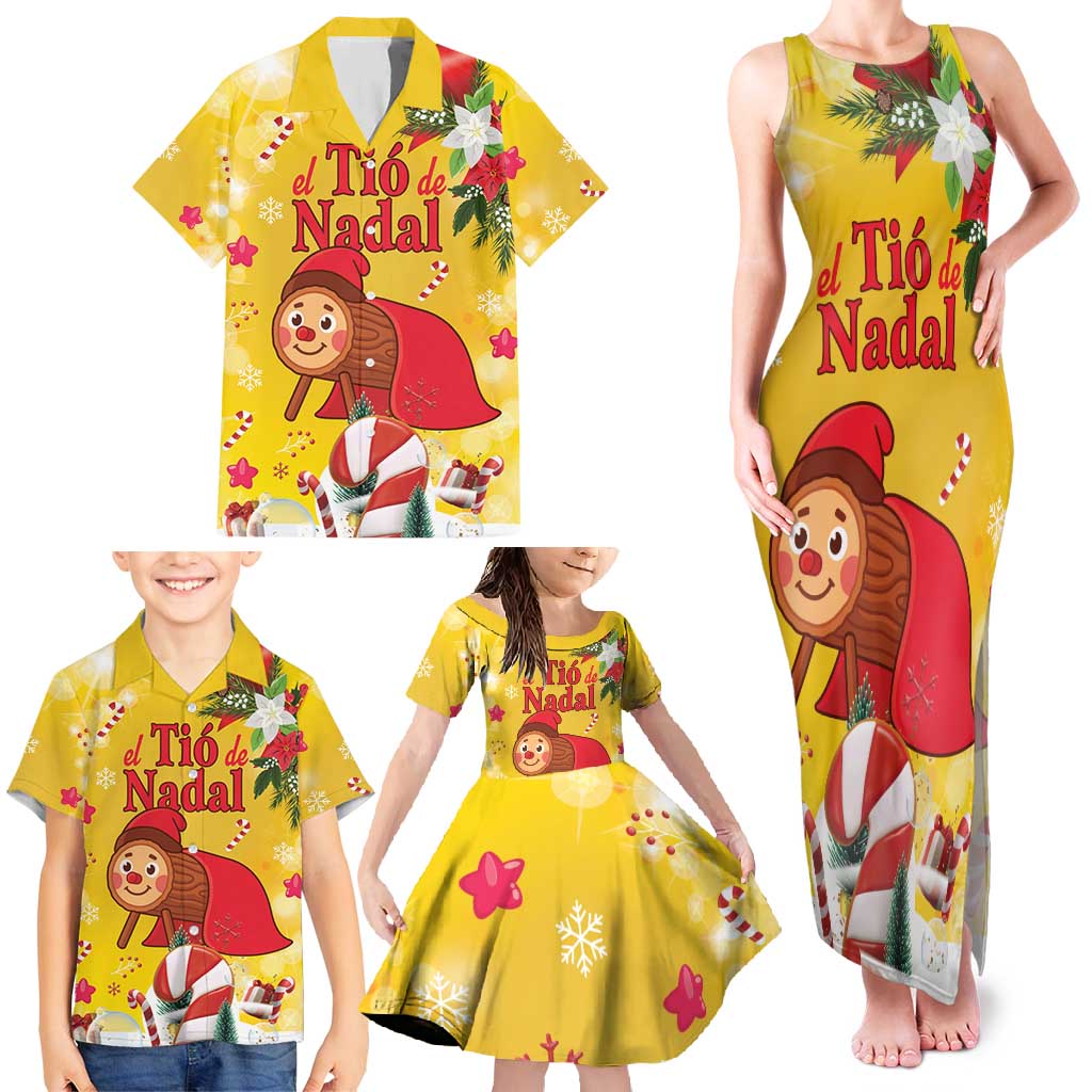 Spain Tio de Nadal Christmas Family Matching Tank Maxi Dress and Hawaiian Shirt Traditional Christmas Log Yellow Version - Wonder Print Shop