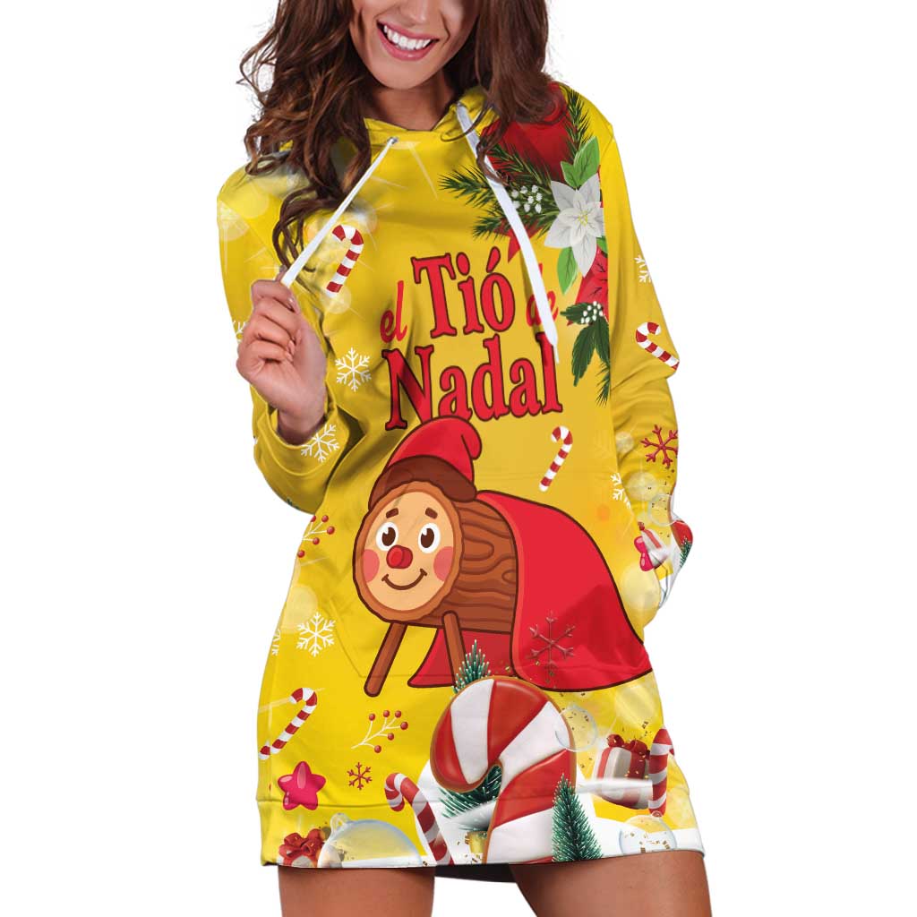 Spain Tio de Nadal Christmas Hoodie Dress Traditional Christmas Log Yellow Version - Wonder Print Shop