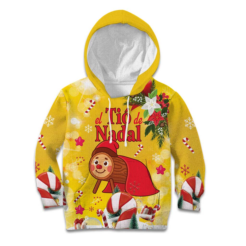 Spain Tio de Nadal Christmas Kid Hoodie Traditional Christmas Log Yellow Version - Wonder Print Shop