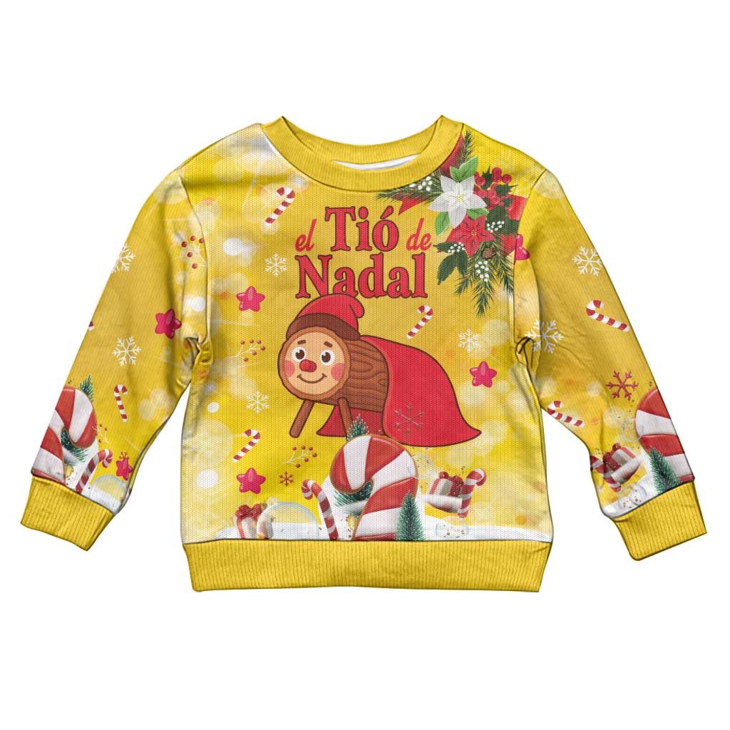 Spain Tio de Nadal Christmas Kid Ugly Christmas Sweater Traditional Christmas Log Yellow Version - Wonder Print Shop