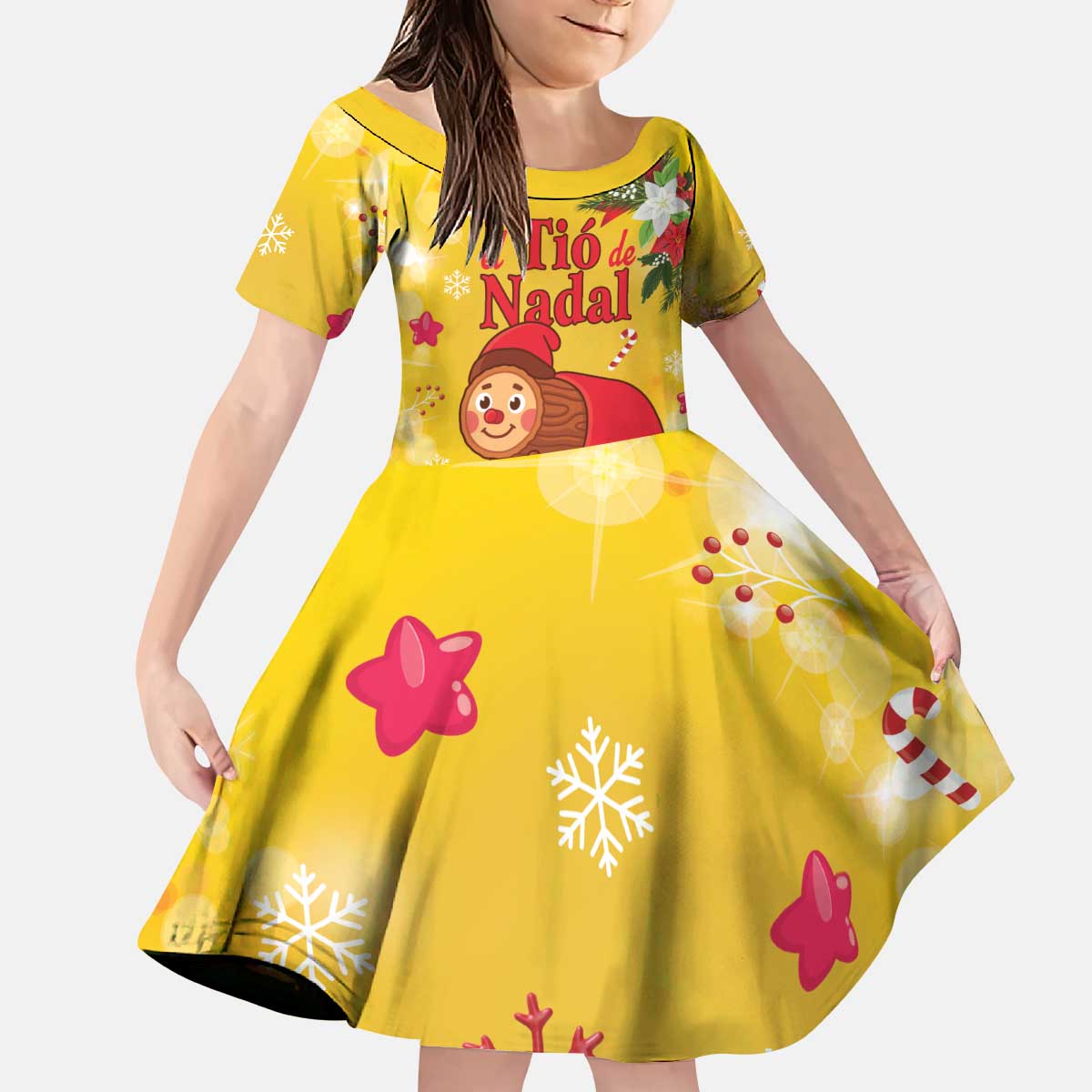 Spain Tio de Nadal Christmas Kid Short Sleeve Dress Traditional Christmas Log Yellow Version - Wonder Print Shop