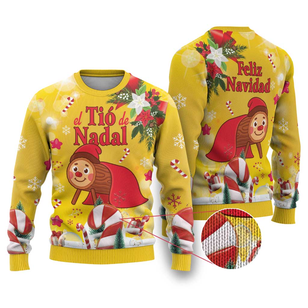 Spain Tio de Nadal Christmas Ugly Christmas Sweater Traditional Christmas Log Yellow Version - Wonder Print Shop