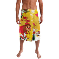 Yellow Christmas shorts with Feliz Navidad text, Santa hat, and pine tree print