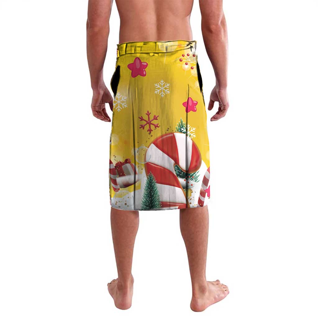 Yellow Christmas print shorts with snowflakes, candy cane, and ornament graphic