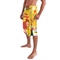 Yellow Christmas shorts with Feliz Navidad text and Santa character artwork
