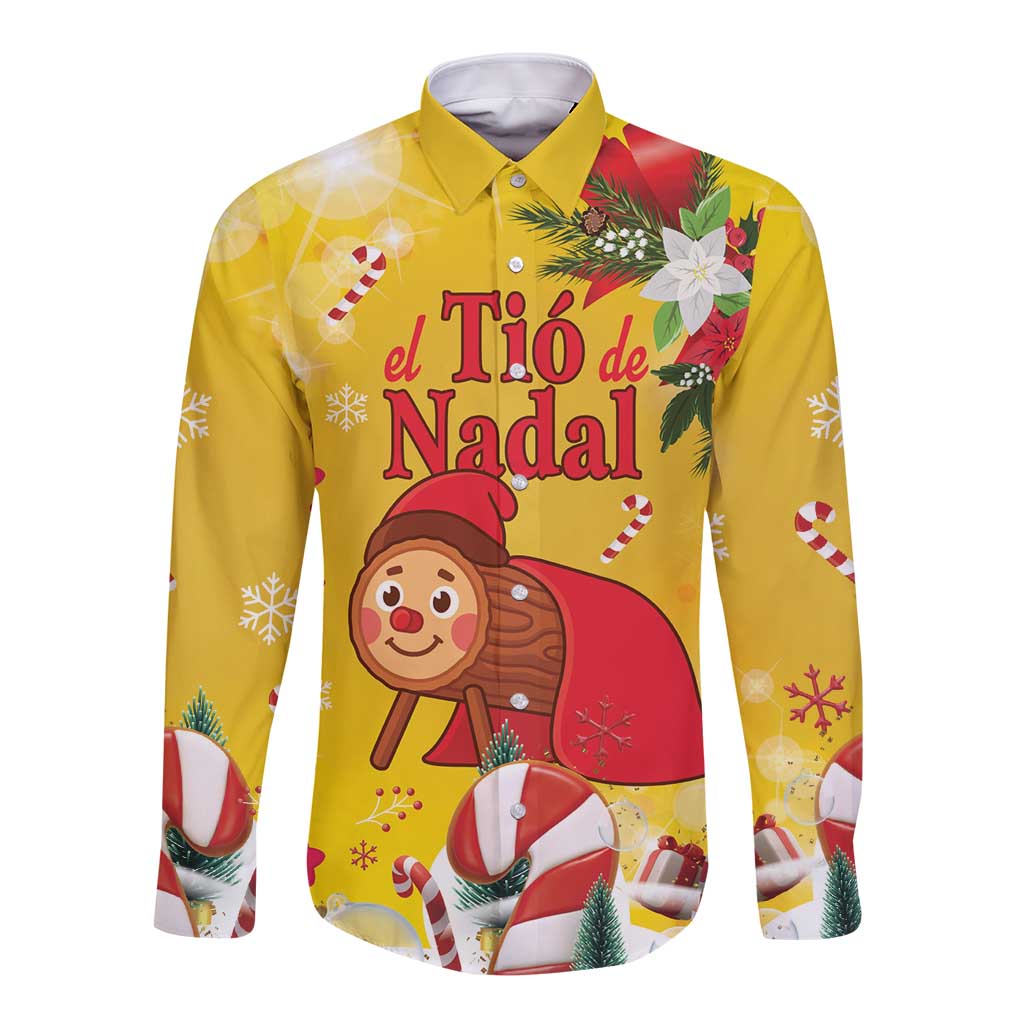 Spain Tio de Nadal Christmas Long Sleeve Button Shirt Traditional Christmas Log Yellow Version - Wonder Print Shop