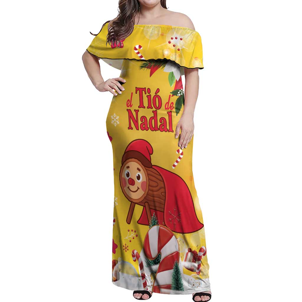 Spain Tio de Nadal Christmas Off Shoulder Maxi Dress Traditional Christmas Log Yellow Version - Wonder Print Shop