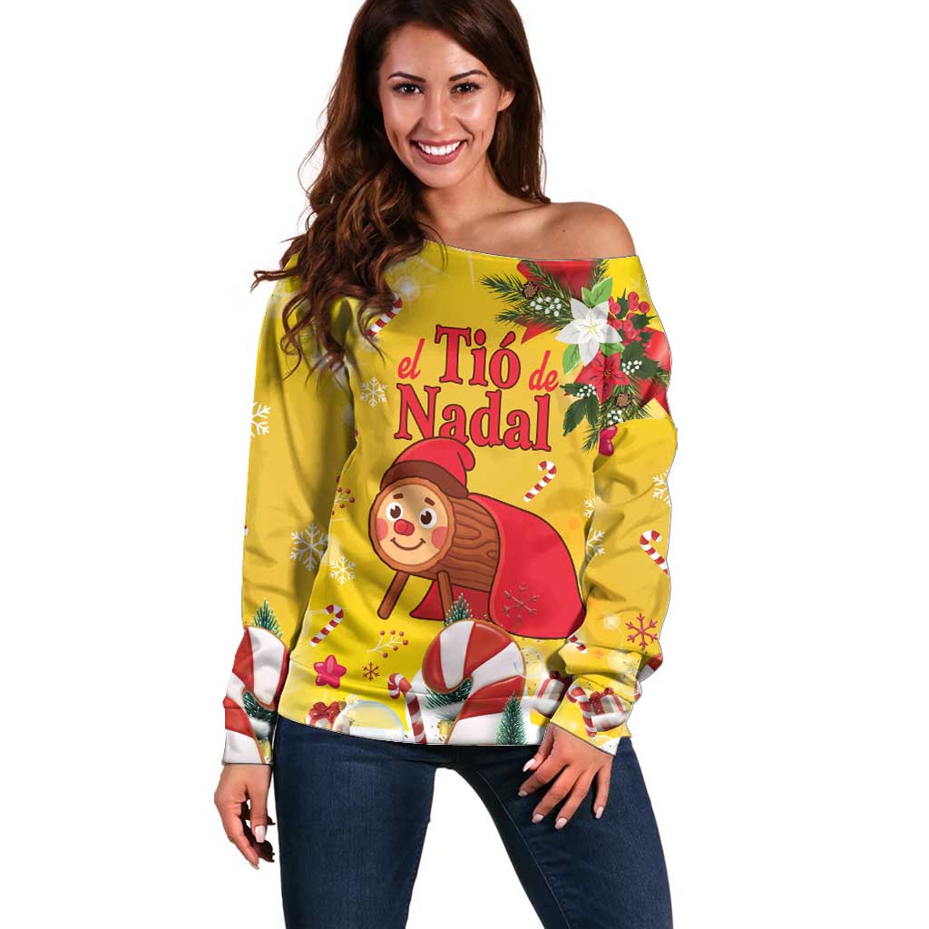 Spain Tio de Nadal Christmas Off Shoulder Sweater Traditional Christmas Log Yellow Version - Wonder Print Shop