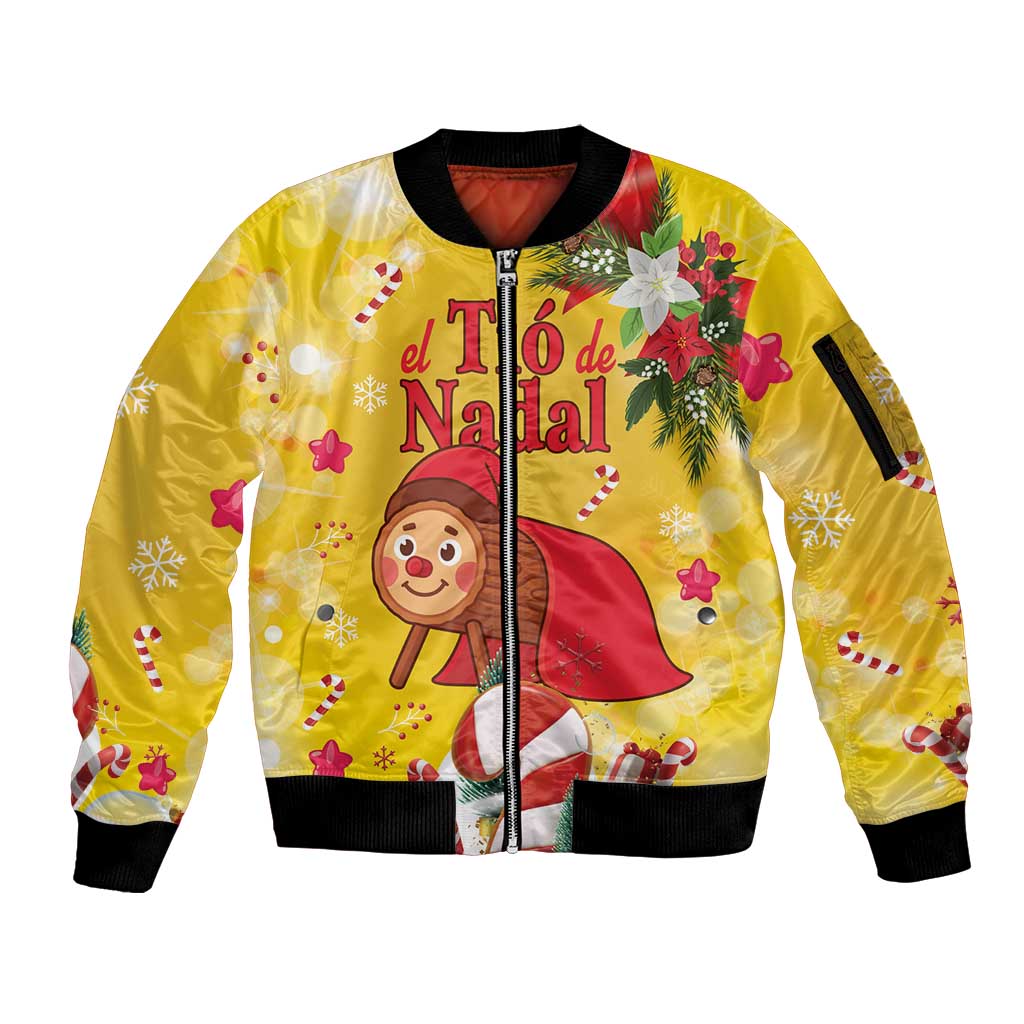 Spain Tio de Nadal Christmas Sleeve Zip Bomber Jacket Traditional Christmas Log Yellow Version - Wonder Print Shop