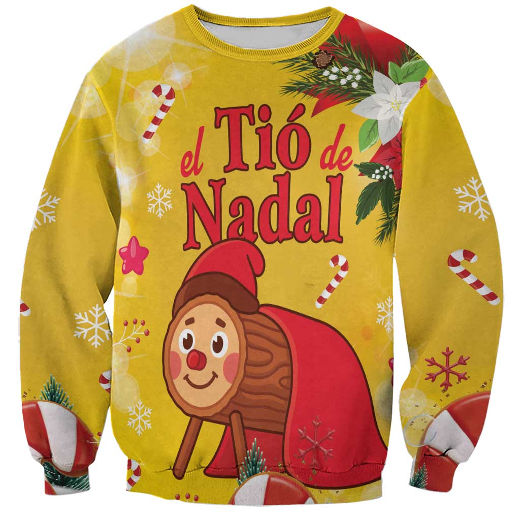 Yellow Tió de Nadal Christmas sweatshirt with festive graphic print