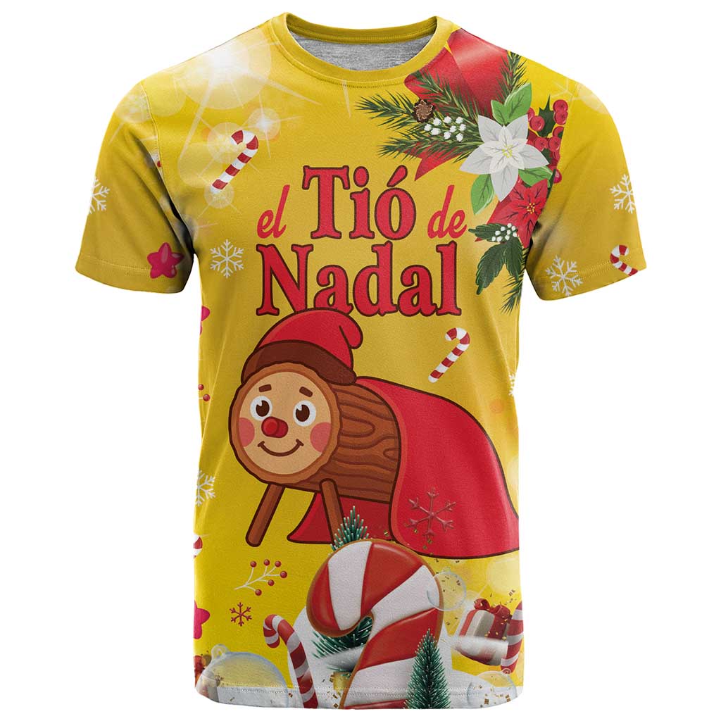 Spain Tio de Nadal Christmas T Shirt Traditional Christmas Log Yellow Version - Wonder Print Shop