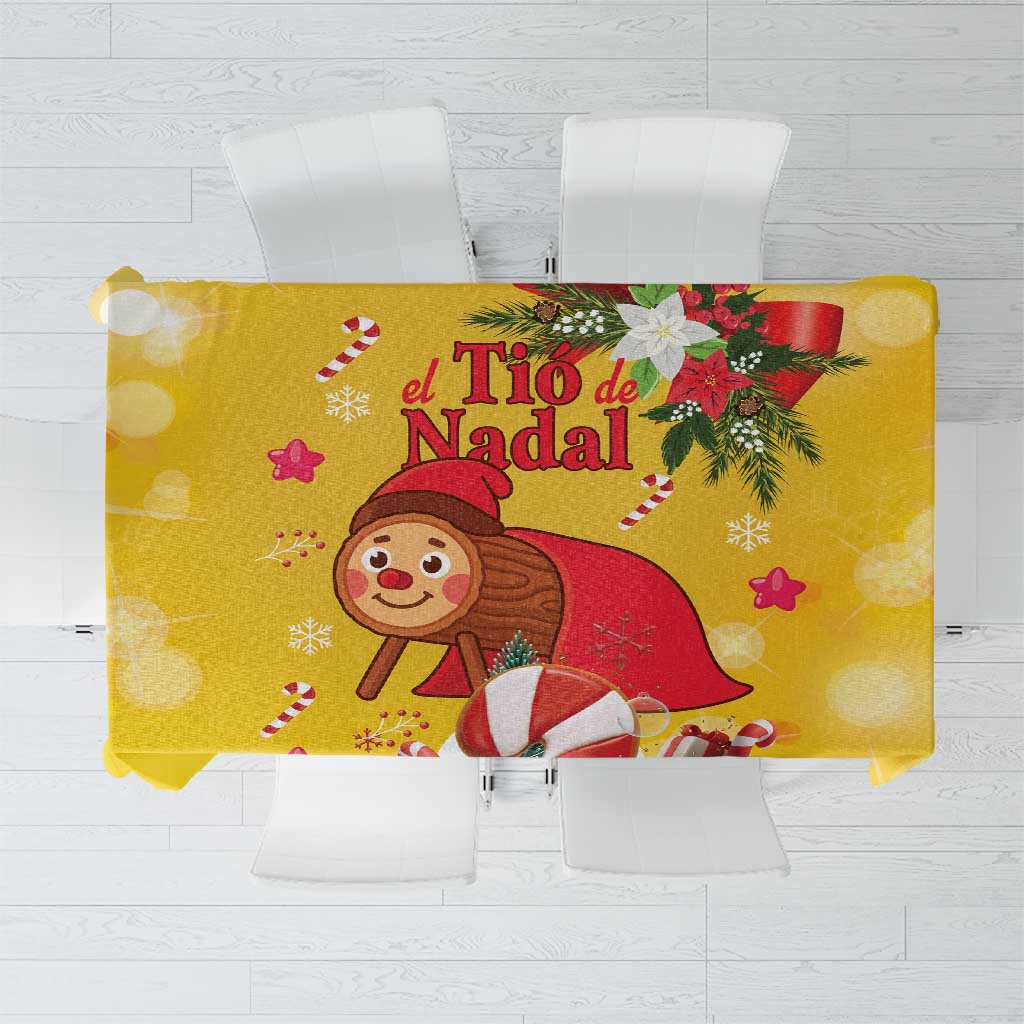Yellow Christmas tablecloth with Tio de Nadal cartoon and poinsettia pattern