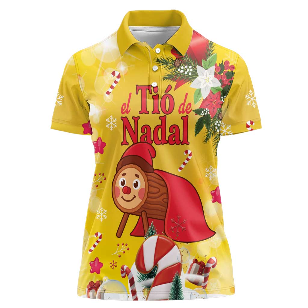 Spain Tio de Nadal Christmas Women Polo Shirt Traditional Christmas Log Yellow Version - Wonder Print Shop