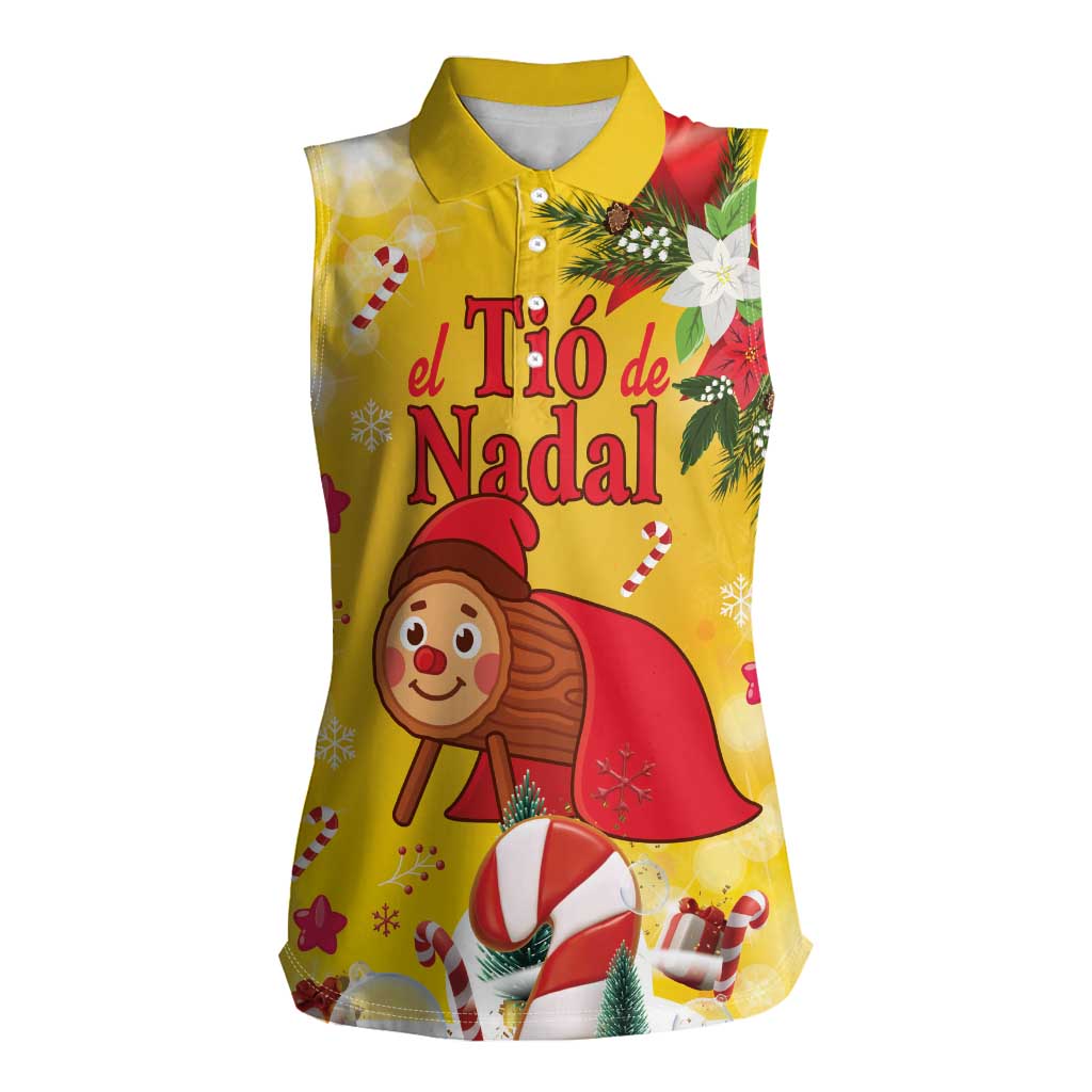 Spain Tio de Nadal Christmas Women Sleeveless Polo Shirt Traditional Christmas Log Yellow Version - Wonder Print Shop