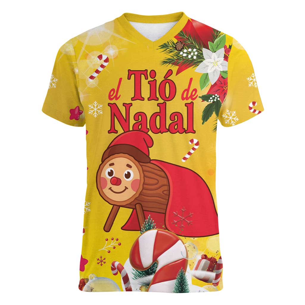 Spain Tio de Nadal Christmas Women V-Neck T-Shirt Traditional Christmas Log Yellow Version - Wonder Print Shop