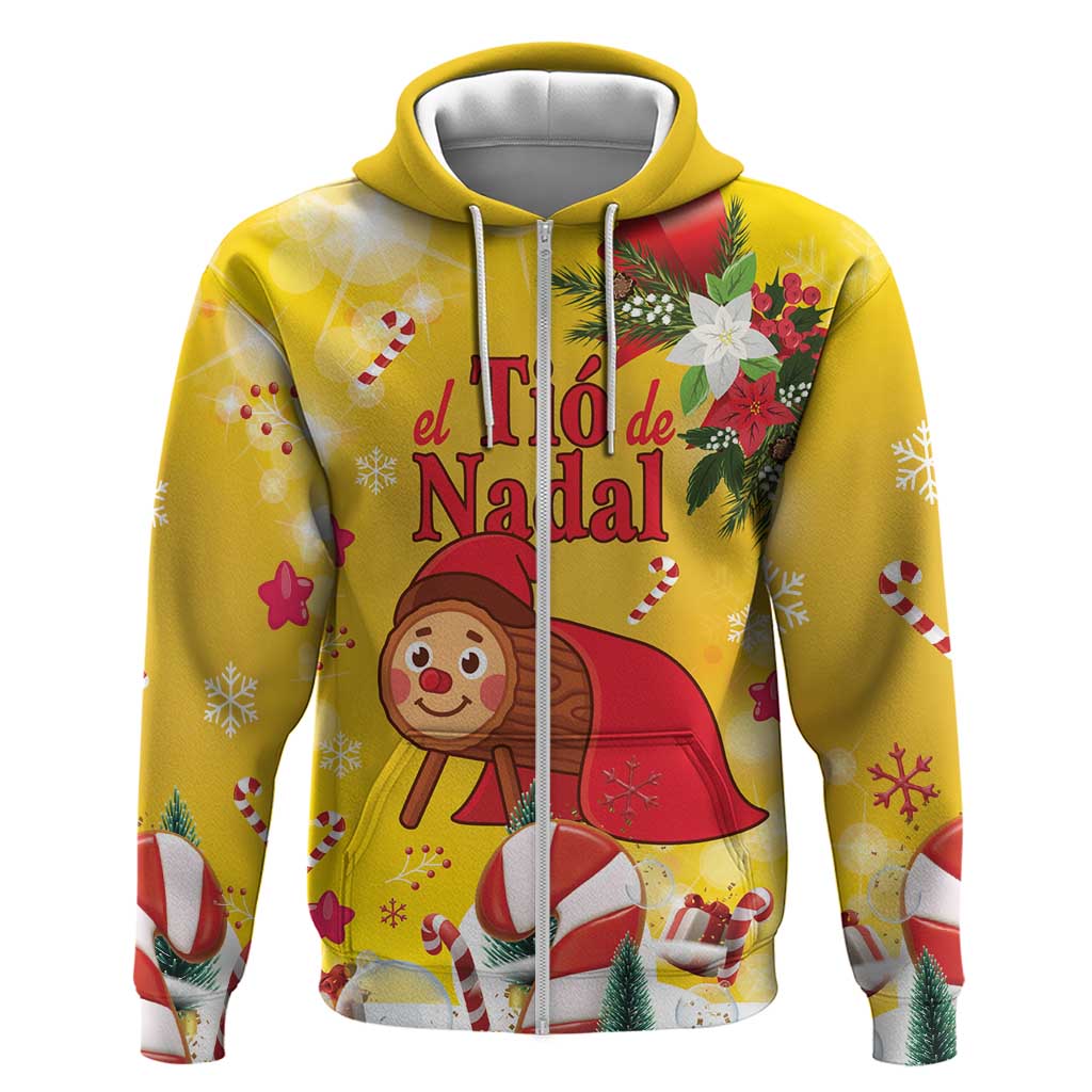 Spain Tio de Nadal Christmas Zip Hoodie Traditional Christmas Log Yellow Version - Wonder Print Shop