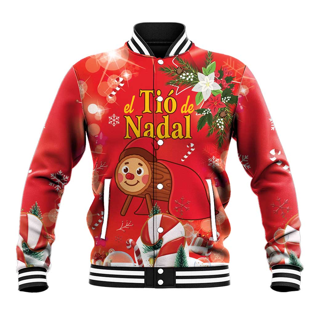 Red baseball jacket with striped collar, button front, and festive Tio de Nadal print