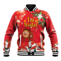 Red baseball jacket with striped collar, button front, and festive Tio de Nadal print