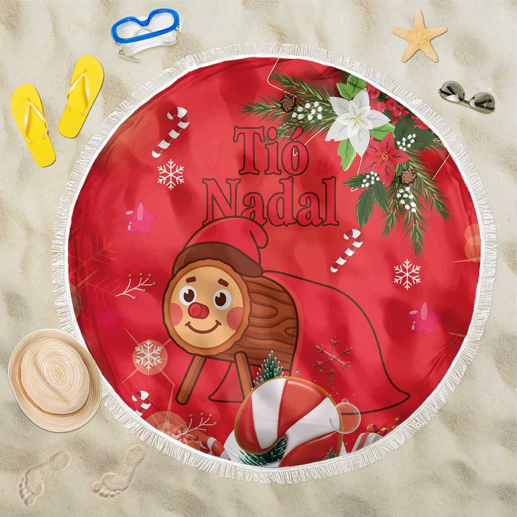 Red 150 cm round beach blanket with white fringe, Tio Nadal design and holiday icons