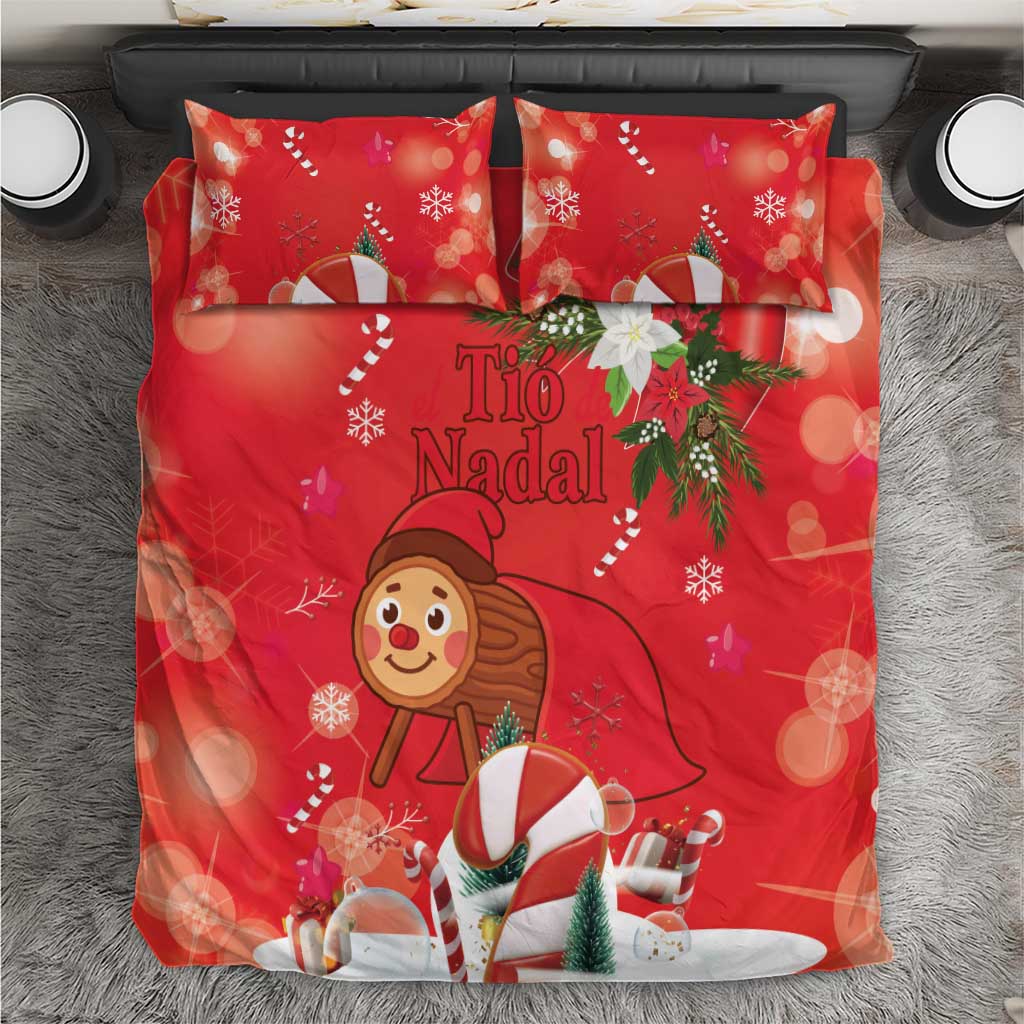 Red Christmas bedding set featuring Tio Nadal character, snowflakes, and poinsettia accents, two pillows