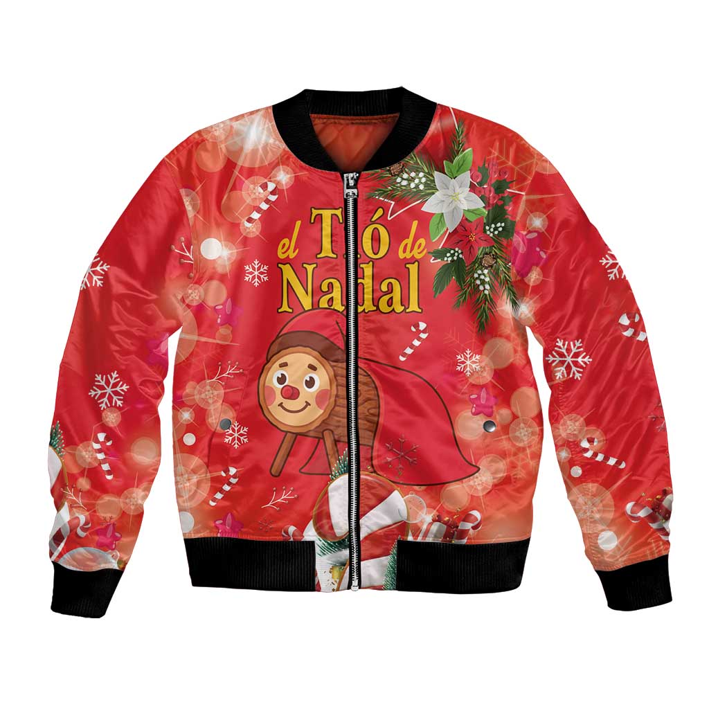 Red Christmas bomber jacket with zipper, black ribbed hem, El Tio de Nadal print