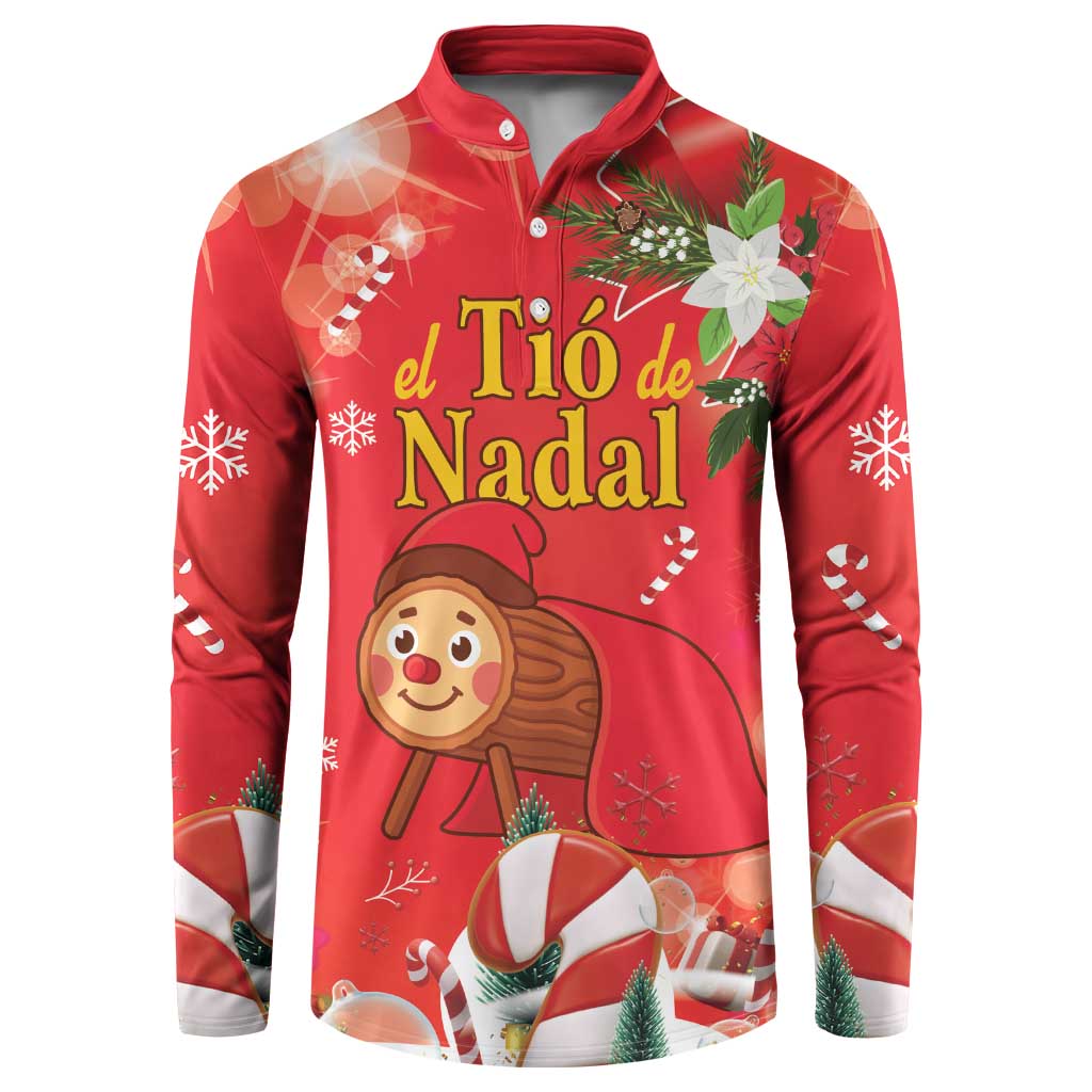Red button-up Christmas sweatshirt with "el Tio de Nadal" graphic, long sleeves, festive icons
