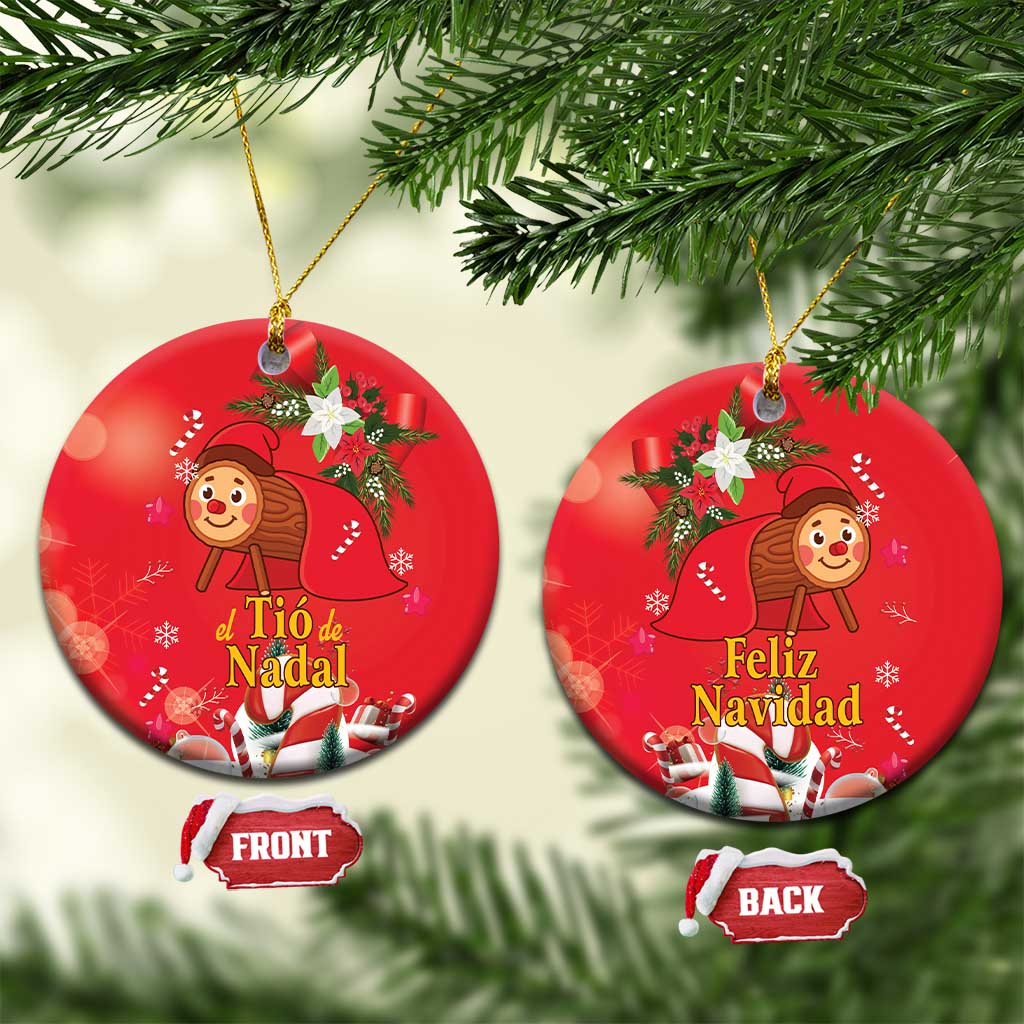 Red round ceramic Christmas ornament with gold hanging loop; front and back labels shown