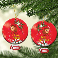 Red round ceramic Christmas ornament with gold hanging loop; front and back labels shown
