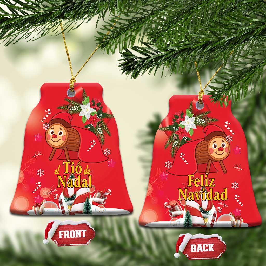 Red bell-shaped ceramic Christmas ornament with gold hanging loop; front and back labels